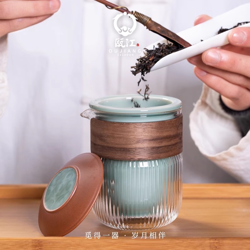 瓯江龙泉青瓷旅行茶具套装 简约陶瓷灰釉便携式创意一壶三杯快客杯