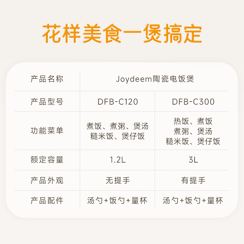 Joydeem 陶瓷电饭煲电饭锅DFB-C 不粘不串味 全天可预约 两种容量可选 3L/1.2L