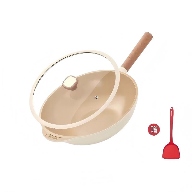 Amercook钛陶瓷0氟不粘锅扶桑木炒锅 不粘家用平底煎炒锅 燃气电磁炉通用 32CM