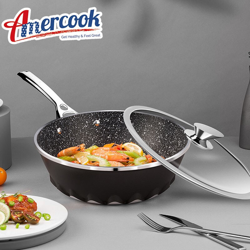 Amercook 火焰系列黑色煎锅 麦饭石不粘煎锅带盖  健康不粘 轻油少烟 28cm