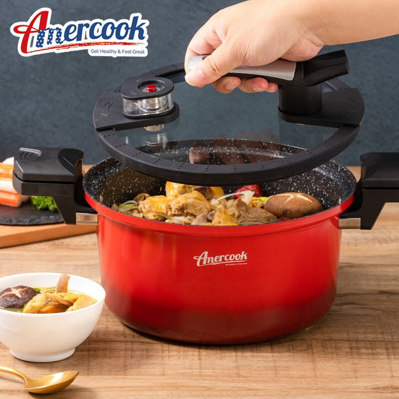 【不再补货】Amercook 红色微压麦饭石汤锅 可随时开盖的压力锅 煤气灶电磁炉通用 4L（3-5人量）