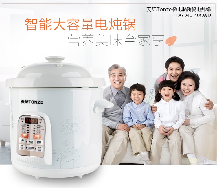天际Tonze 滋补养生白瓷电炖锅DGD40-40CWD 4L 玻化全瓷内胆 快慢两煲更营养 原汁原味
