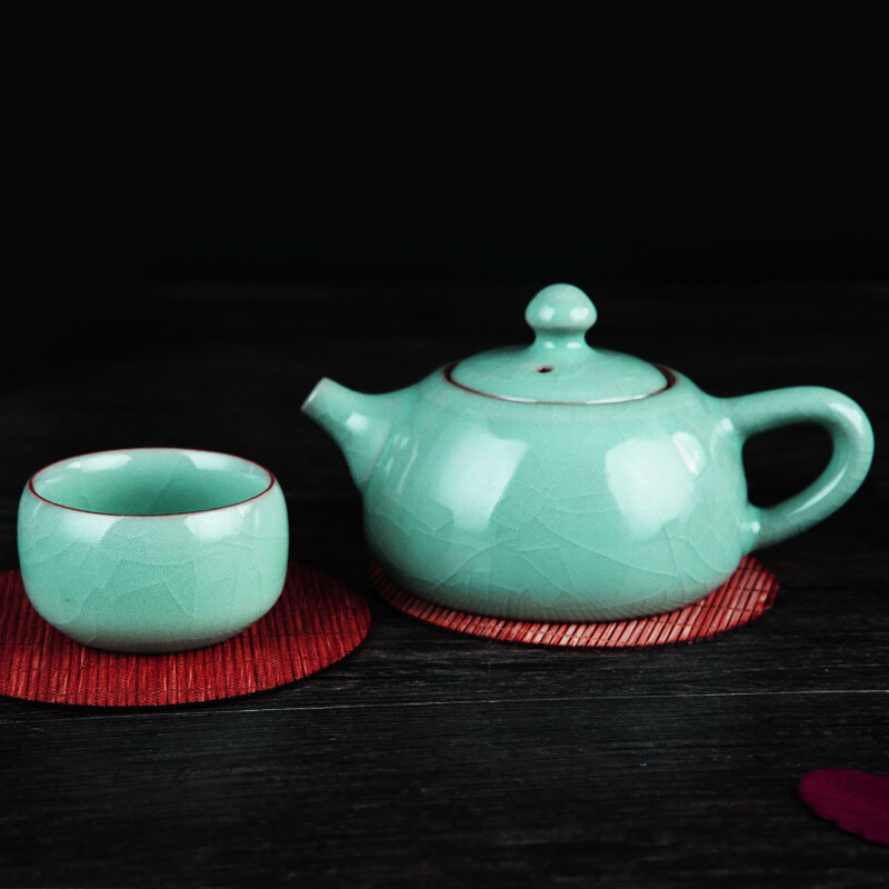 OUJIANG瓯江龙泉青瓷 哥窑·西施壶 8头茶具套装 零铅零镉 梅子青