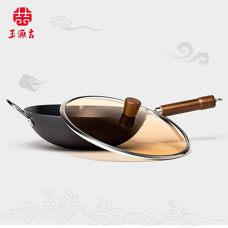 【有赠品】王源吉 家用窒化炒锅铸铁锅+年轮煎锅套装 健康无涂层 轻油少烟 燃气灶可用32/34/36cm