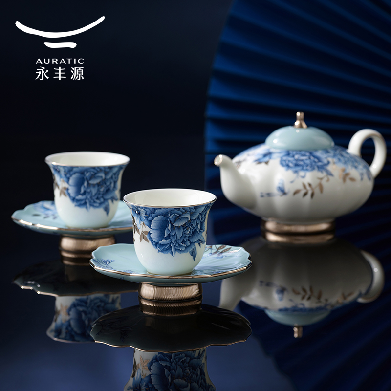 【中国直邮，时效10-15天】永丰源 铂金青花6头中式茶具（2人位）-中秋礼