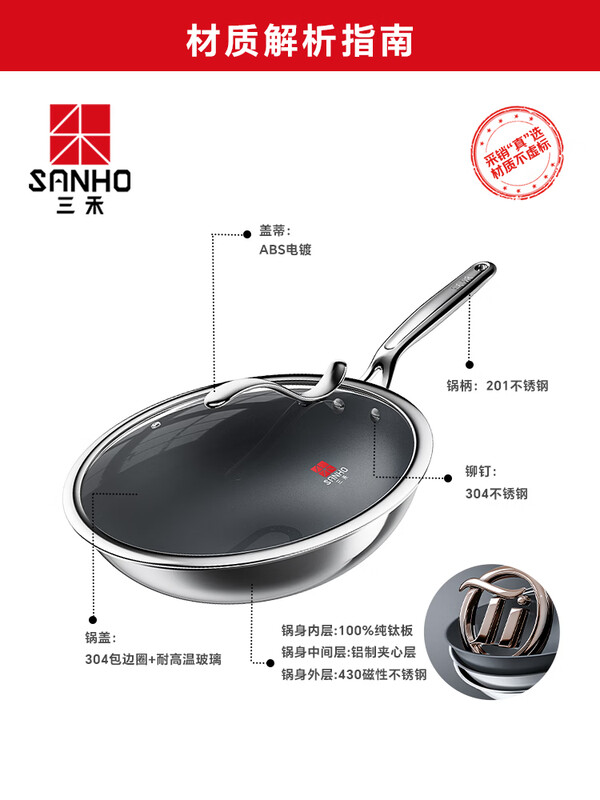 三禾 0涂层纯钛炒锅钛不粘锅 少油烟炒菜锅 燃气灶电磁炉通用32cm