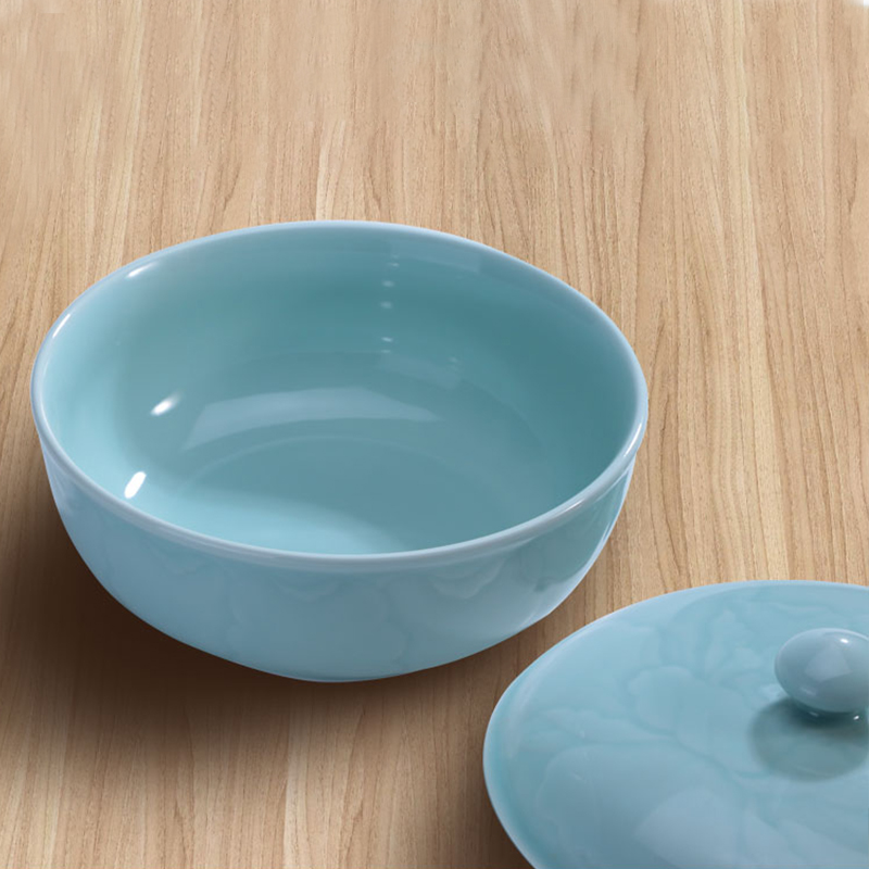 【已停售】OUJIANG瓯江龙泉青瓷 牡丹品锅 家用带盖中式大汤盆 不含铅镉 粉青色 10英寸