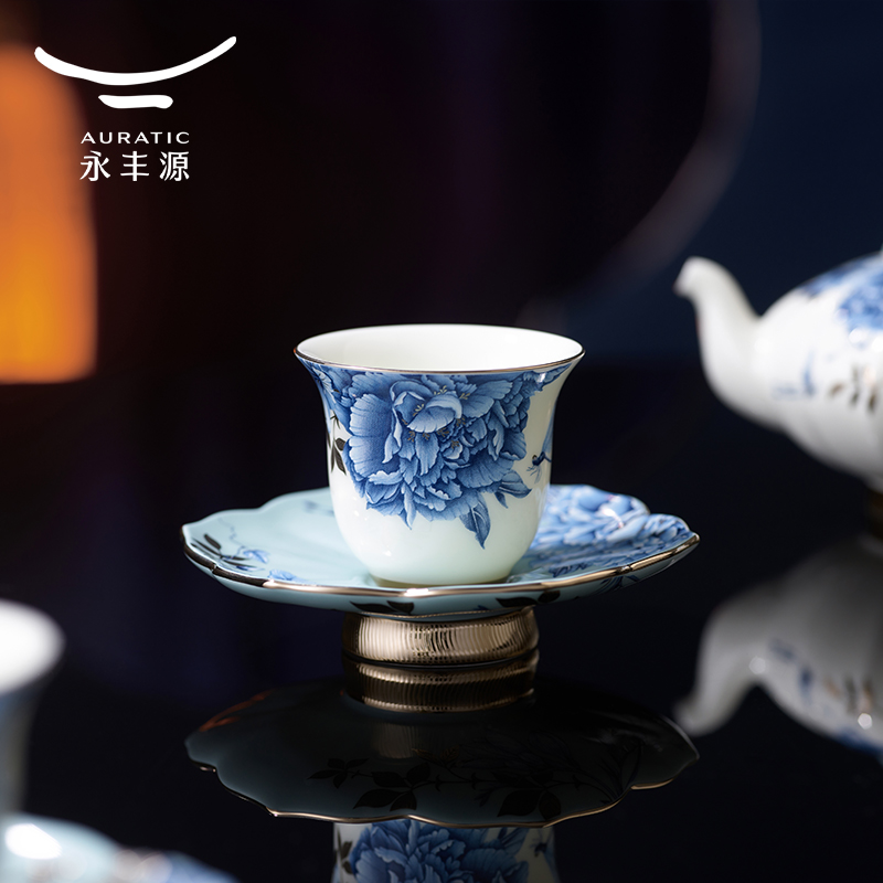 【中国直邮，时效10-15天】永丰源 铂金青花6头中式茶具（2人位）-中秋礼