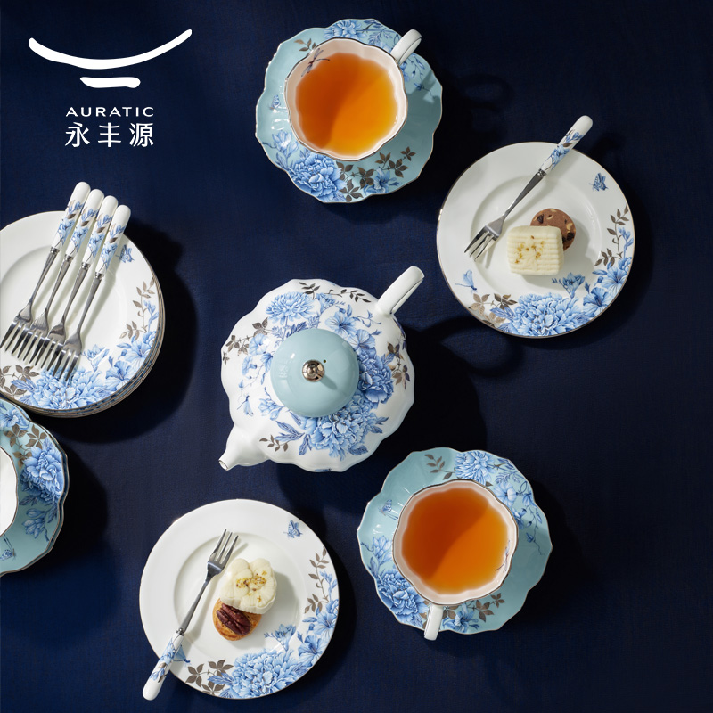 【中国直邮，时效10-15天】Auratic 国瓷永丰源铂金青花26头茶咖具（6人位）-中秋礼
