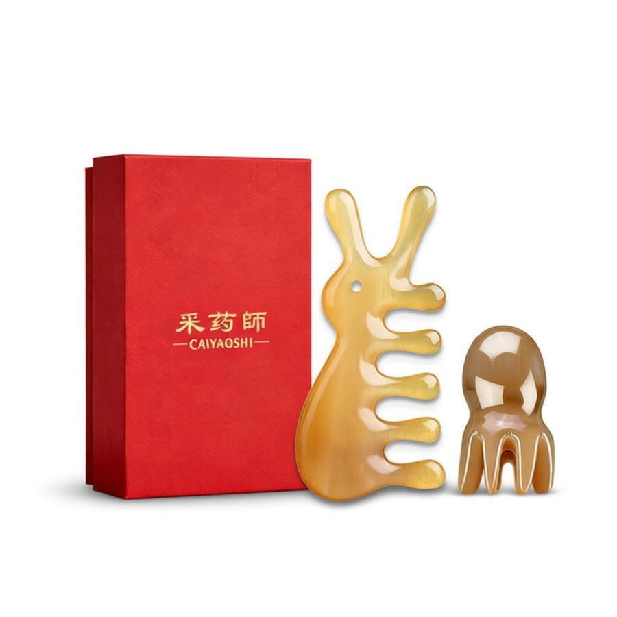 【中国直邮，时效8-20天】采药师 鼻刮眼部按摩器小兔子梳+头部经络梳白花八爪鱼梳牛角梳礼盒套装