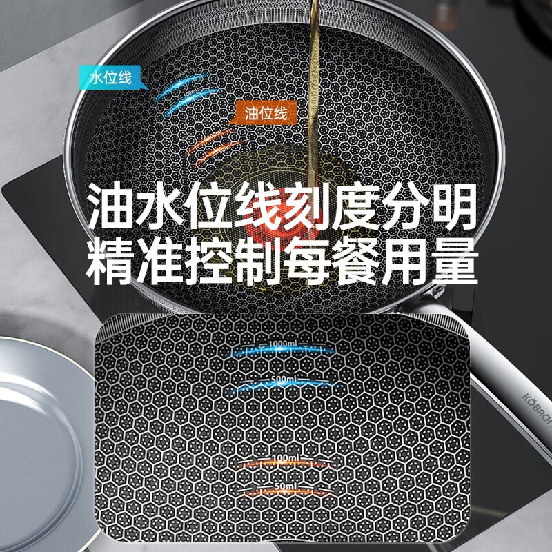 康巴赫 第六代炒锅不粘锅抗菌不锈钢炒菜锅双蜂窝锅红点电磁炉燃气通用 六代双蜂窝炒锅 32cm/34cm