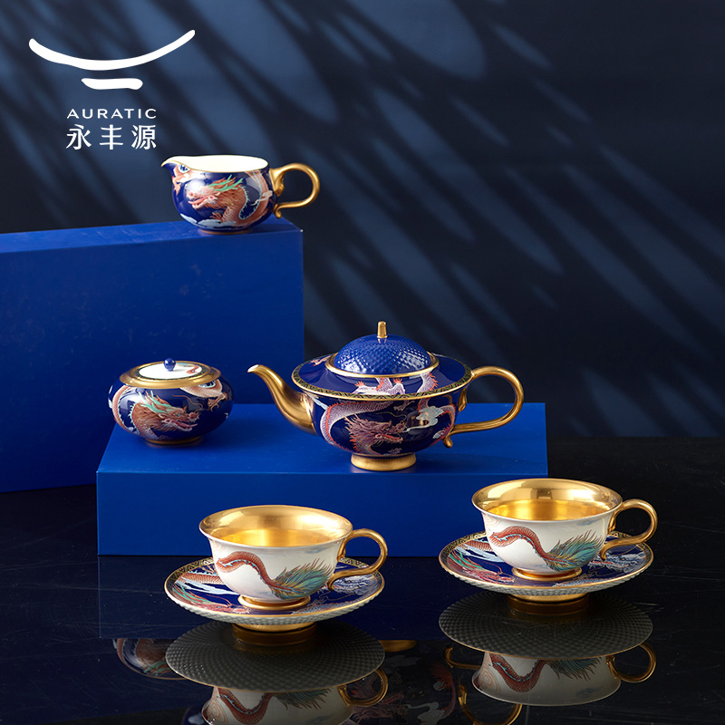 【中国直邮，时效10-15天】Auratic 国瓷永丰源大运龙回10头茶咖具（2人位-碧蓝）