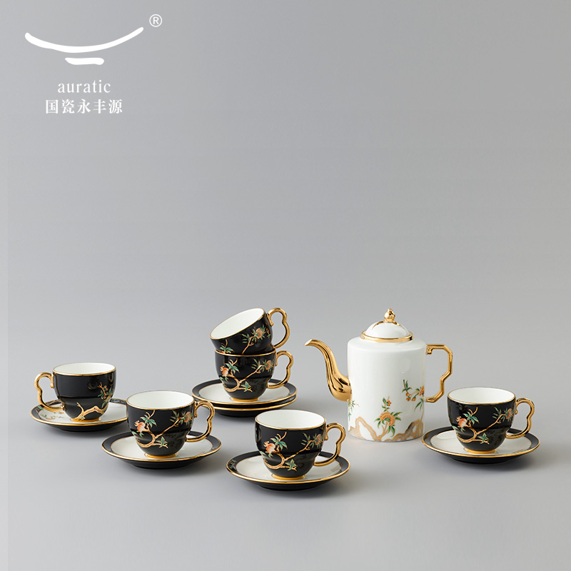 【中国直邮，时效10-15天】Auratic 国瓷永丰源夫人瓷石榴家园14头直壶茶具（480ml）