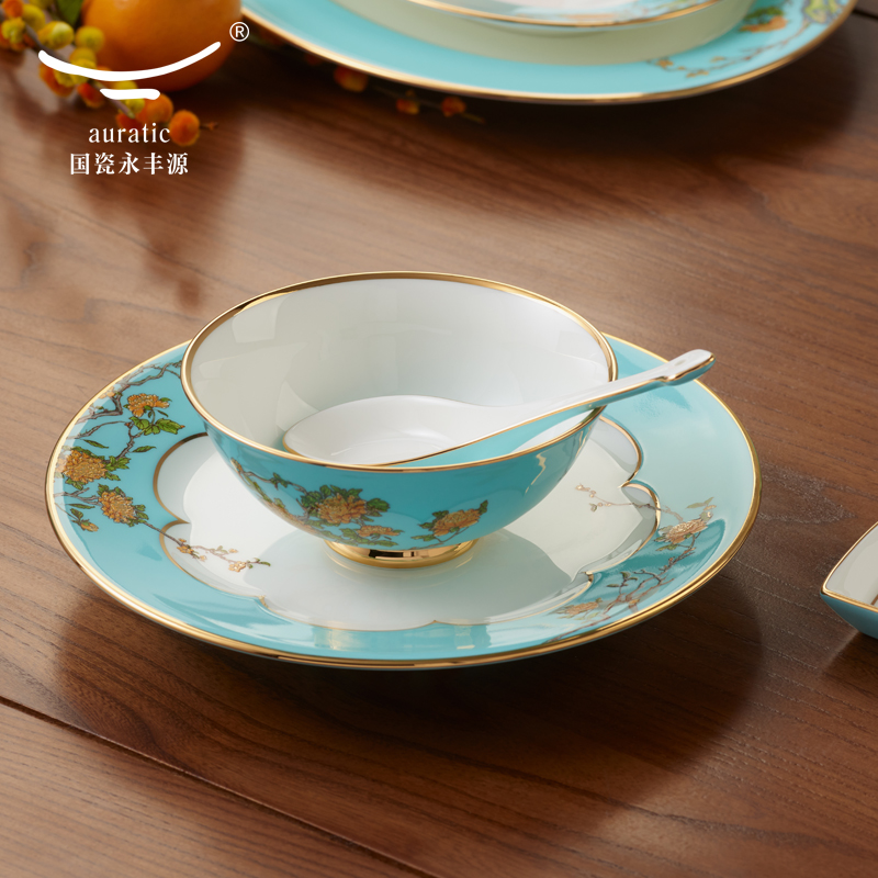 【中国直邮，时效10-15天】Auratic 国瓷永丰源 夫人瓷西湖蓝 30头中式家用餐具套装