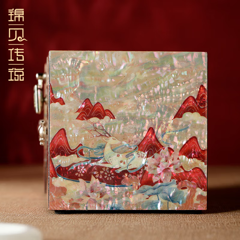 【中国直邮，时效8-20天】锦贝传说螺钿漆器首饰盒多功能收纳首饰品项链戒指手镯盒国潮九色鹿三开首饰盒