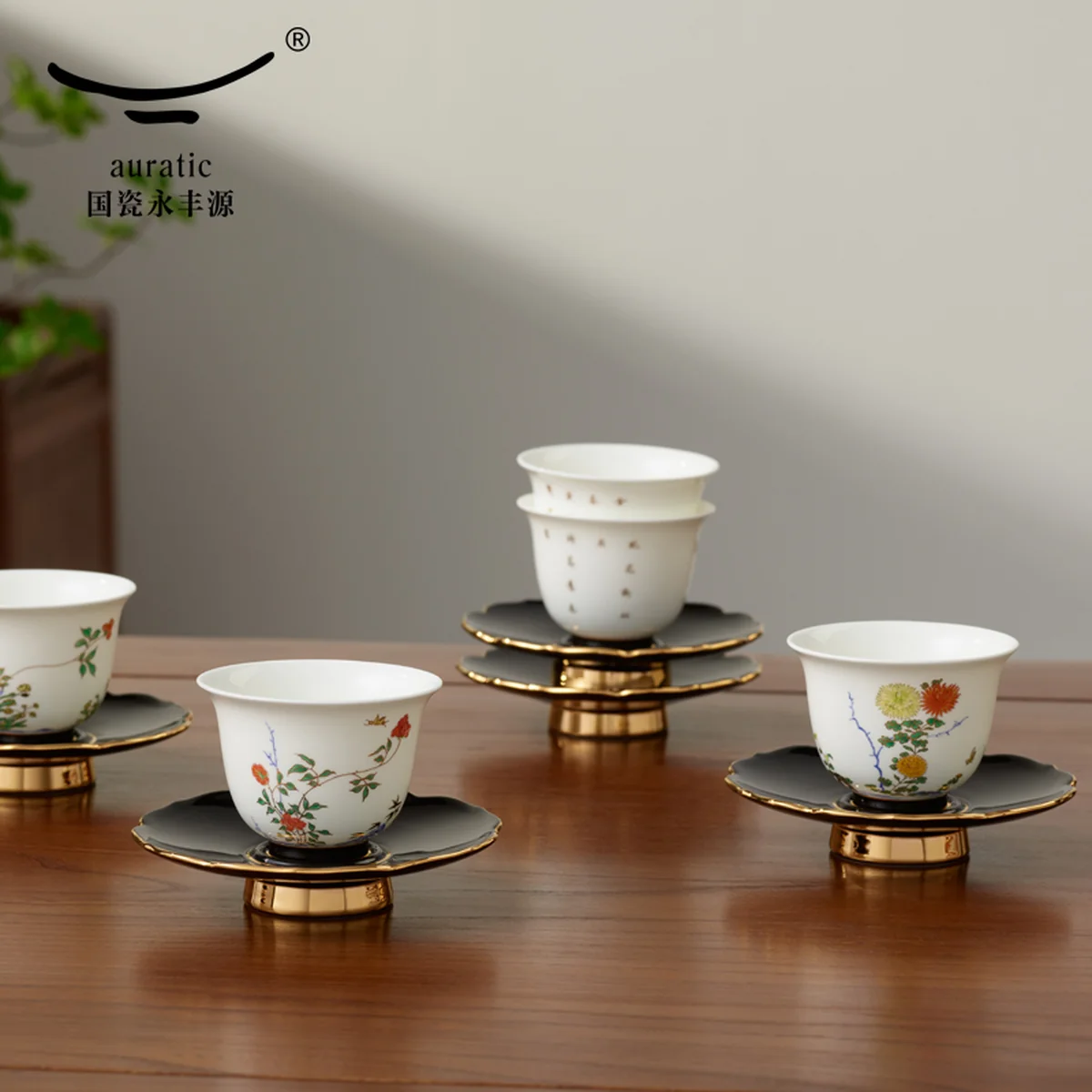 【China Direct Shipping, 10-15 days】Auratic Guochen Yongfengyuan Lady Porcelain Pomegranate Home 2 Heads Travelling Tea Set (12 Flower Patterns)