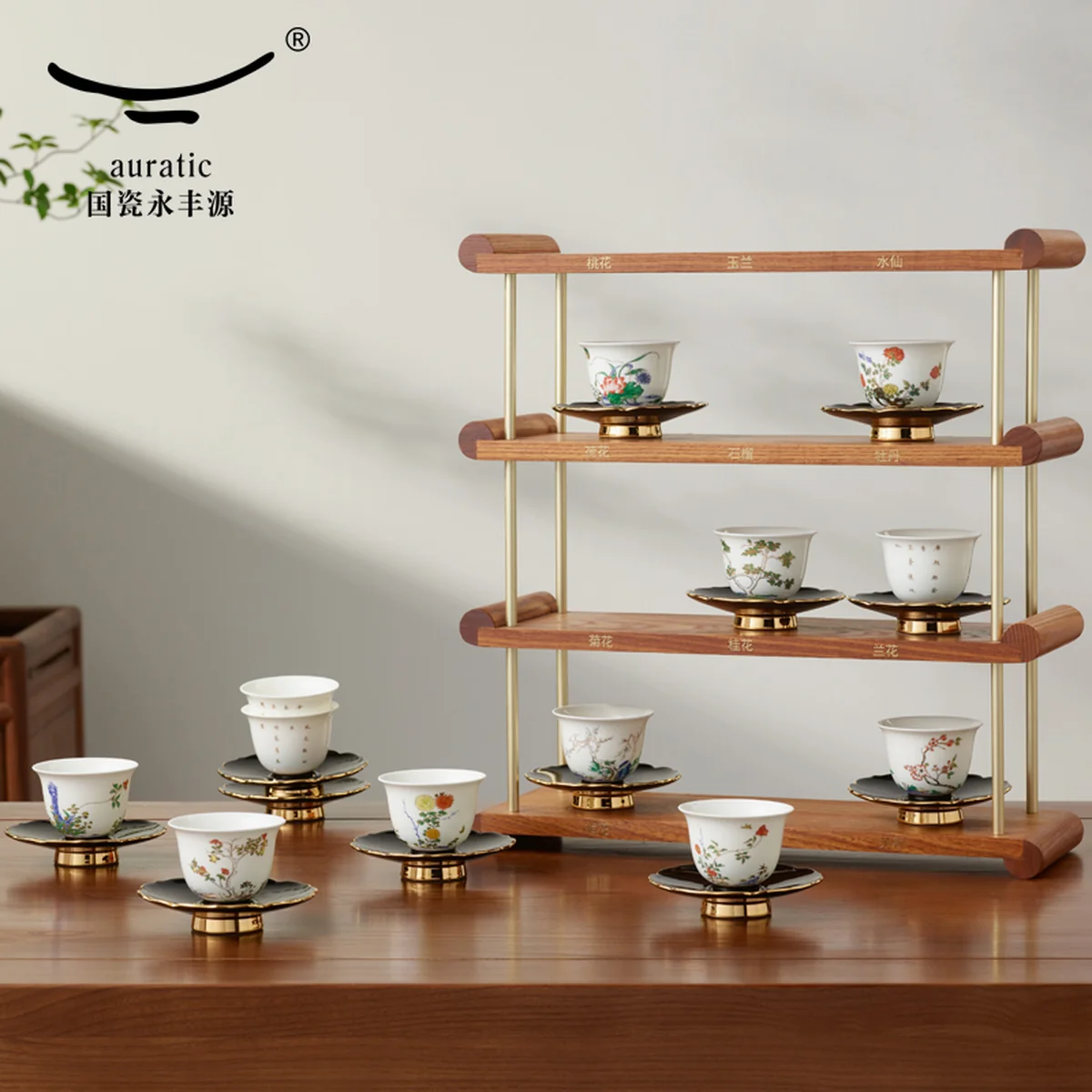 【China Direct Shipping, 10-15 days】Auratic Guochen Yongfengyuan Lady Porcelain Pomegranate Home 2 Heads Travelling Tea Set (12 Flower Patterns)