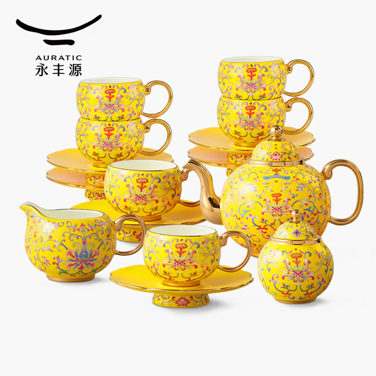 【中国直邮，时效10-15天】Auratic永丰源帝王黄 新宫廷瓷17头茶咖具