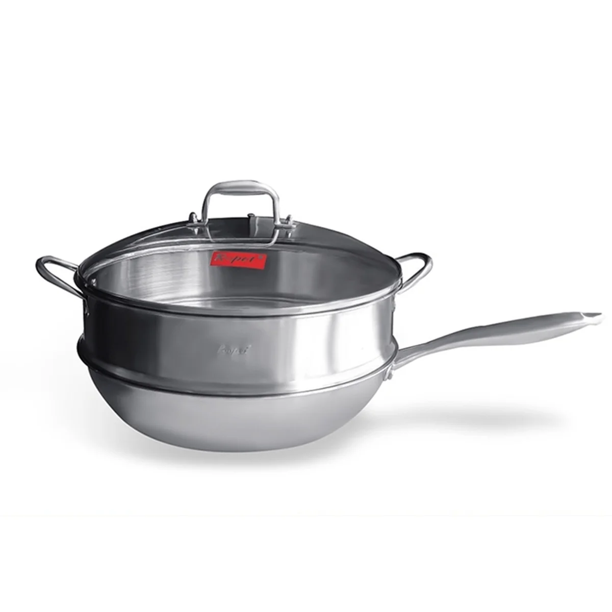 Ropot Woks stainless steel honeycomb pattern wok, steamer, three-piece lid, light oil and less smoke, universal for gas induction cooker, 32cm (12.6 inches)