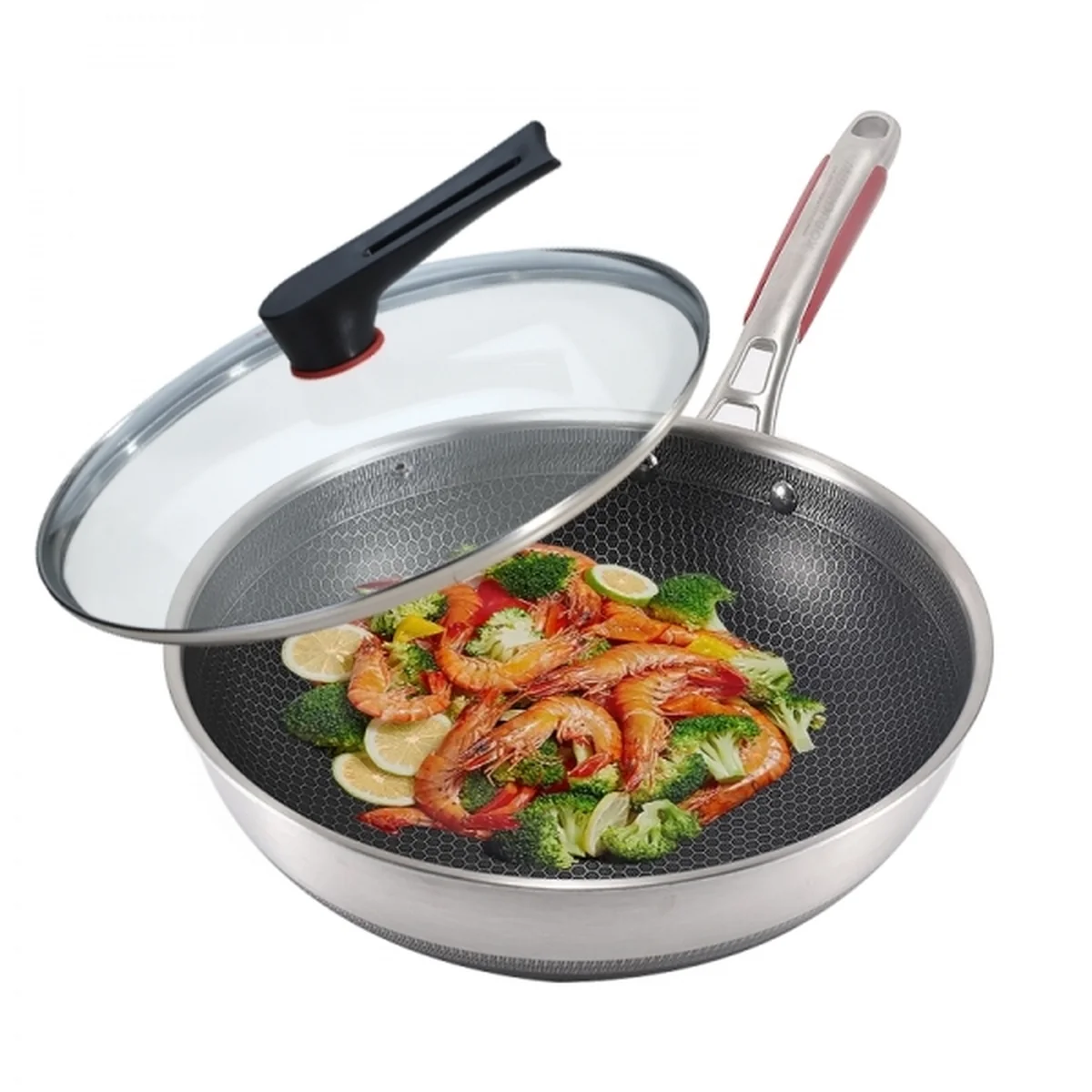 KOBACH Honeycomb 316L stainless steel double-sided screen non-stick wok, less oil and non-stick 32cm（12.6inch）