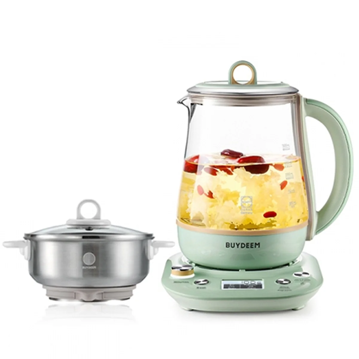 Buydeem Health Pot K2763-BA Lite, Glass Electric Kettle for Tea & Coffee, Hot Water Boiler and Wamer with Stew Pot, Temperature Control, Green, 1.5L