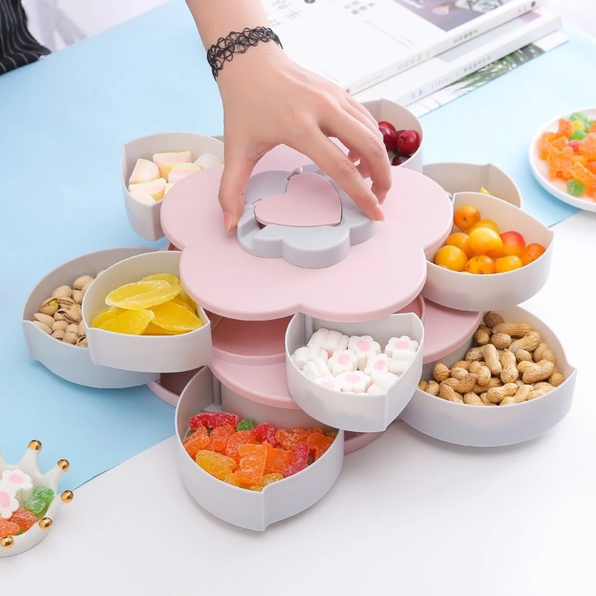 Meierjing Petal Rotating Double Fruit Plate Multi-Grid Easy Storage Pink