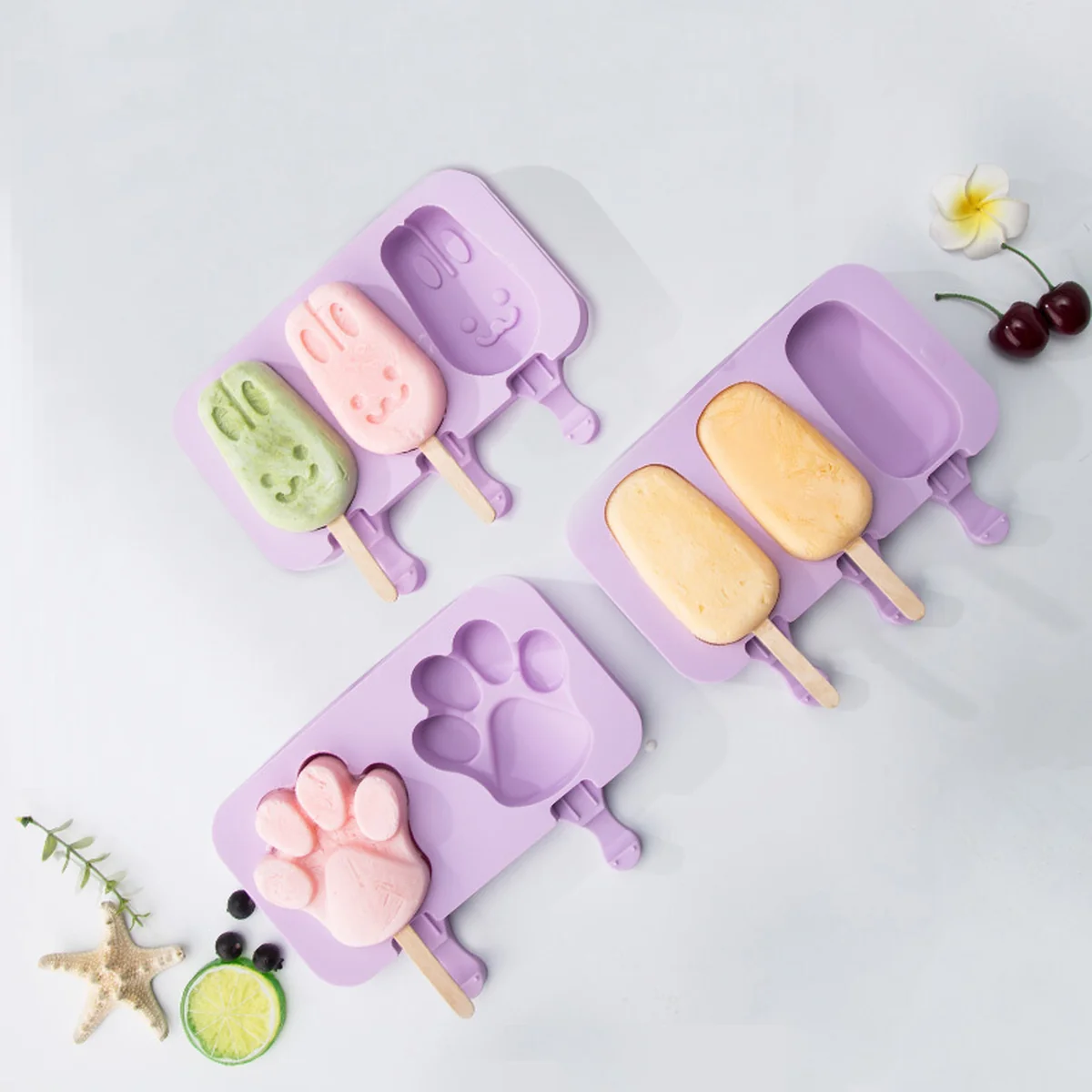TIANXI Ice cream mould, Silicone household, Creative cartoon, Rabbit + cat paw + oval, 3 piece set