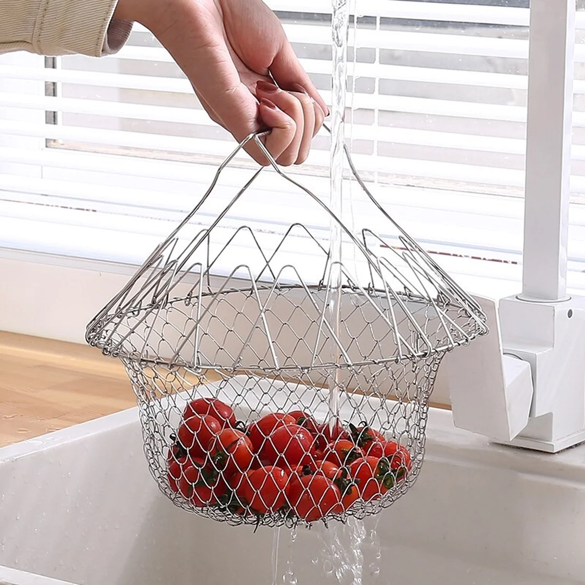 YAGAO Stainless steel frying large strainer drain basket, Drain and filter oil, Telescopic folding