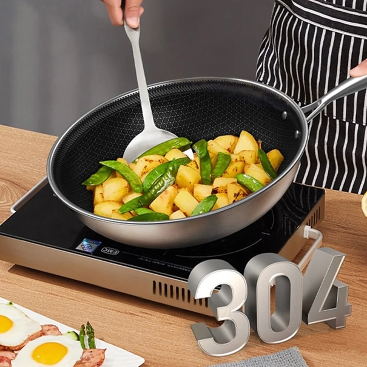 Ropot Woks stainless steel honeycomb pattern wok, steamer, three-piece lid, light oil and less smoke, universal for gas induction cooker, 32cm (12.6 inches)