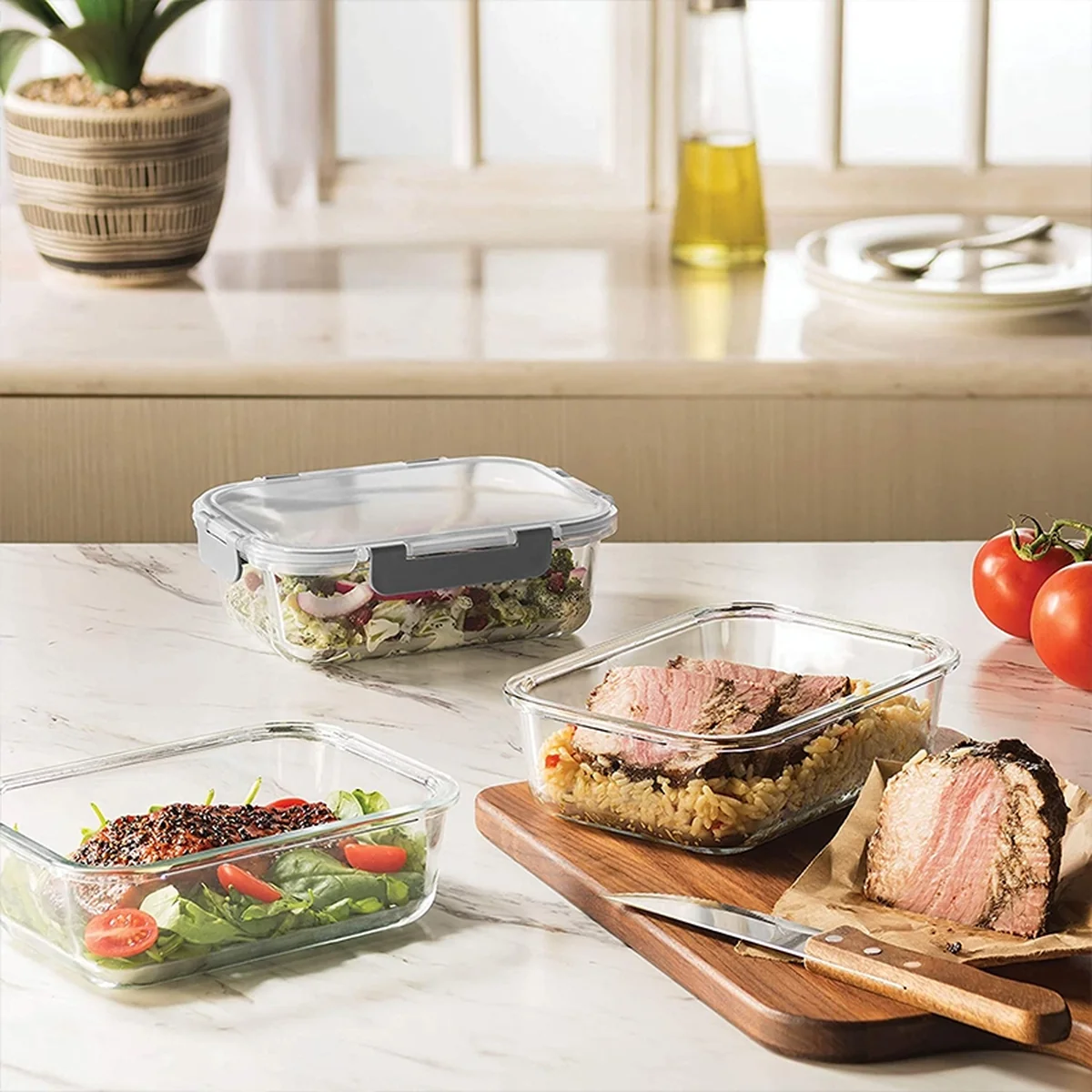 Prime Cook Three-piece heat-resistant glass lunch box fresh-keeping box, available in microwave oven, sealed with lid, 1000ml/930ml/880ml