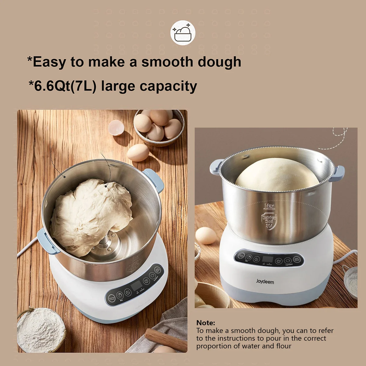 Joydeem Dough Maker with Ferment Function, Microcomputer Timing, Face-up Touch Panel,, 304 Stainless Steel,7L