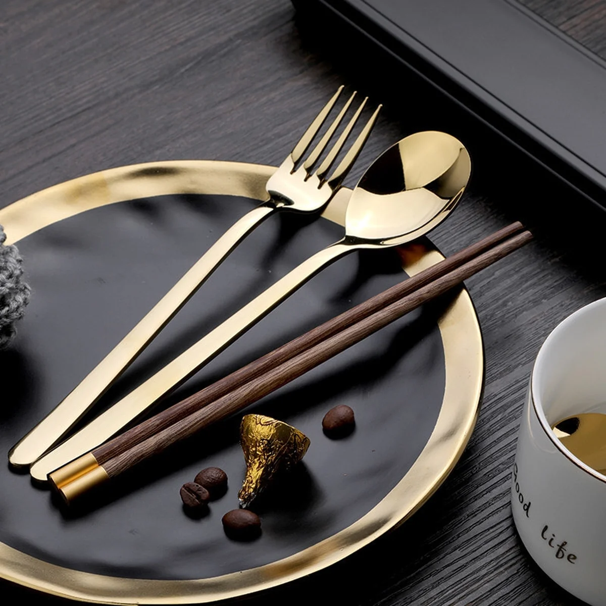 Pick up  Creative 304 stainless steel cutlery set chicken wing wooden chopsticks spoon fork gold set