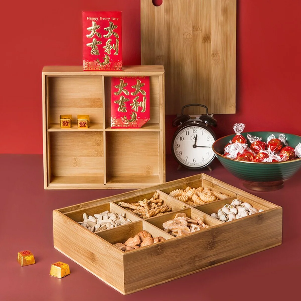 INSCRIPTION, Bamboo Compartment with Lid Fruit Plate, Snack Plate, INS-ZMGH Natural Bamboo and Wood, Six Compartments, Detachable Shelf