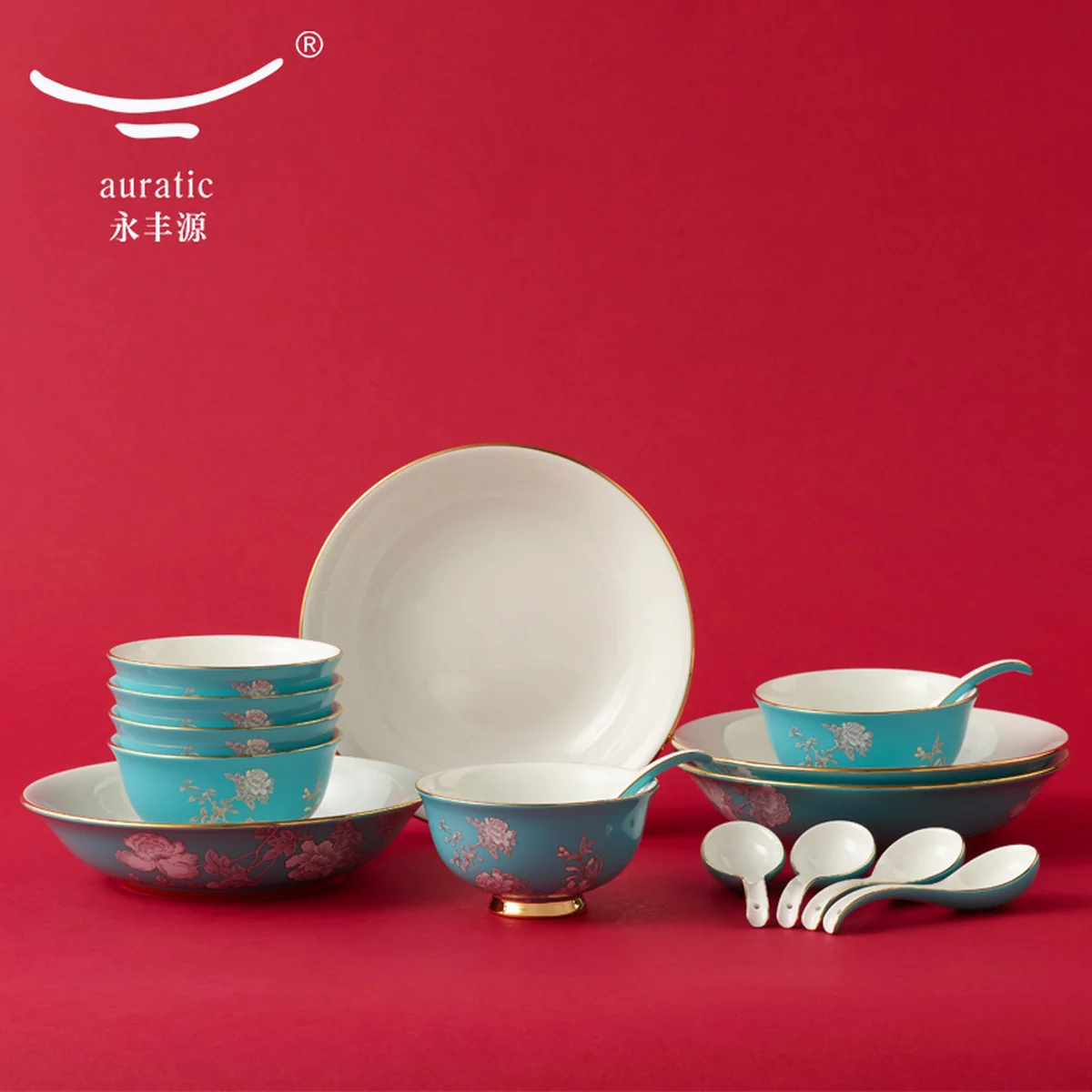 Auratic, Ink Peony, 16pcs Tableware Set, Ceramic Medium Tableware Set