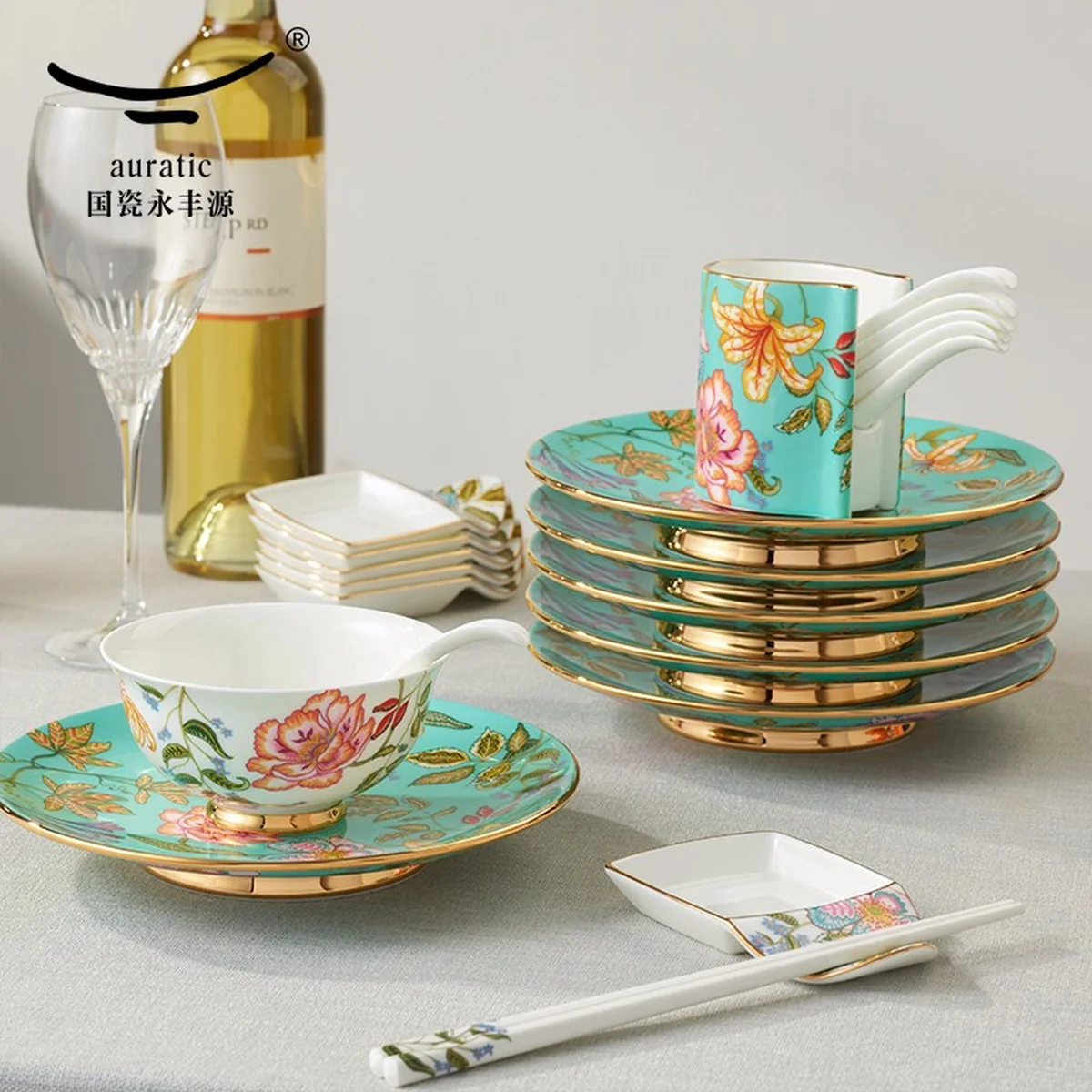 Auratic, Happiness Gift · Spring Blossoms, 44  pieces Tableware Bowls, Plates, Spoons, Chinese Household Tableware Set, Gift Set