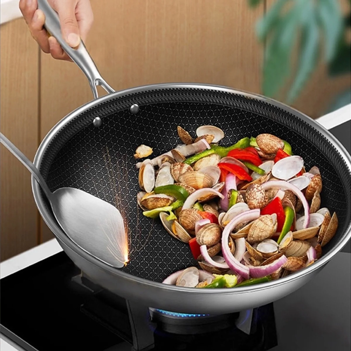 Ropot Woks stainless steel honeycomb pattern wok, steamer, three-piece lid, light oil and less smoke, universal for gas induction cooker, 32cm (12.6 inches)