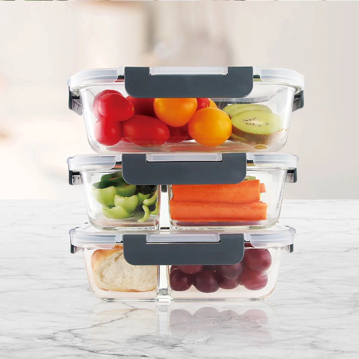 Prime Cook Three-piece heat-resistant glass lunch box fresh-keeping box, available in microwave oven, sealed with lid, 1000ml/930ml/880ml