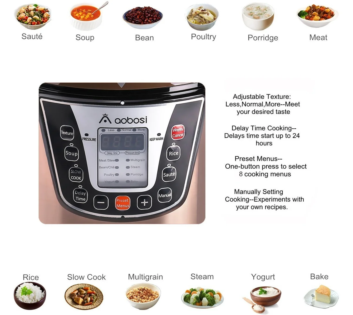 Aobosi YBW30-80Q Programmable Pressure Cooker 3Qt/800W Non-Stick Cooking Pot Digital Cooker