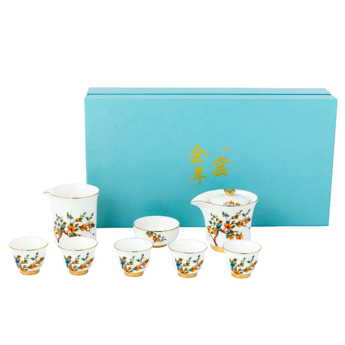 【中国直邮，时效10-15天】余年窑 柿柿如意10头功夫茶具羊脂玉瓷茶具套装