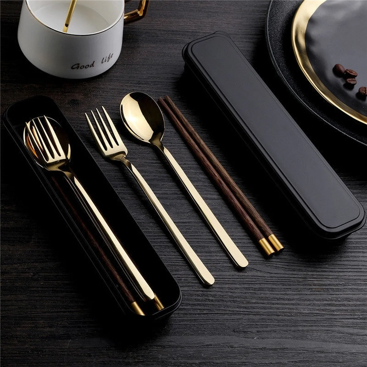 Pick up  Creative 304 stainless steel cutlery set chicken wing wooden chopsticks spoon fork gold set