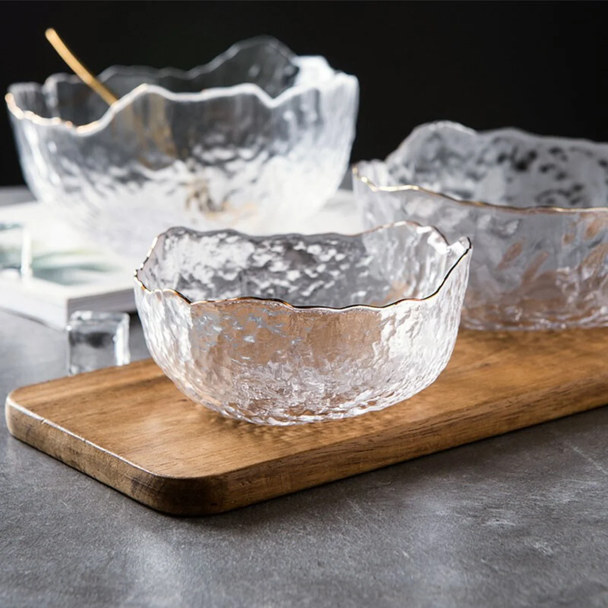 IJARL, Irregular Salad Bowl, Transparent Phnom Penh Glass Bowl, Transparent Gold Traced, Various Specifications,3 packs