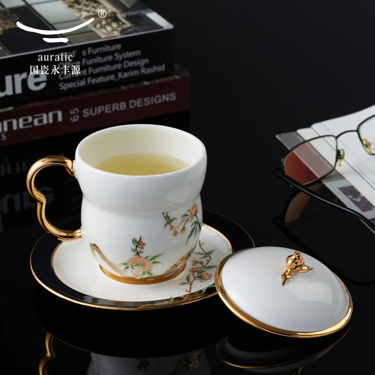 Auratic, Homeland Ceramic Tea Cup, Three-piece Set, with Lid Tea Cup, White, 240ML