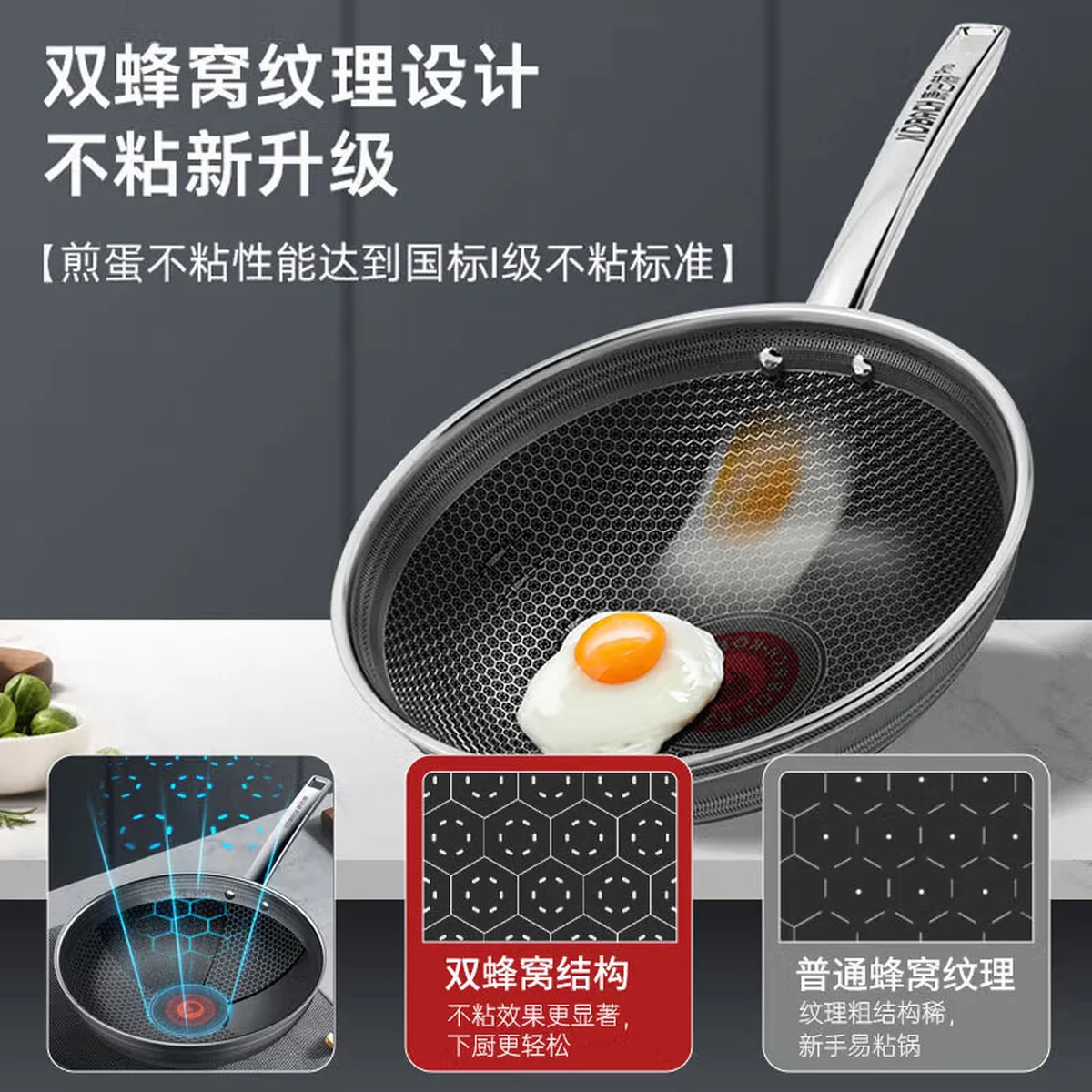 康巴赫 第六代炒锅不粘锅抗菌不锈钢炒菜锅双蜂窝锅红点电磁炉燃气通用 六代双蜂窝炒锅 34cm