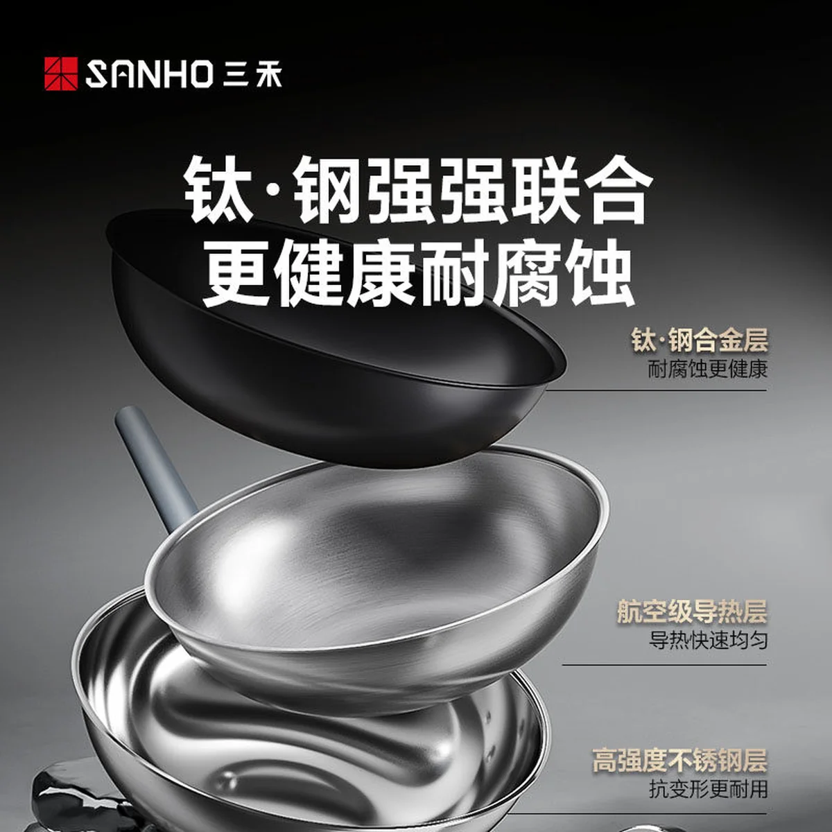 Sanhe 0-Coating Titanium Steel Non-stick Wok, Stainless Steel Frying Pan, Household Uncoated, Suitable for Induction Cookers and Gas Stoves, 32CM