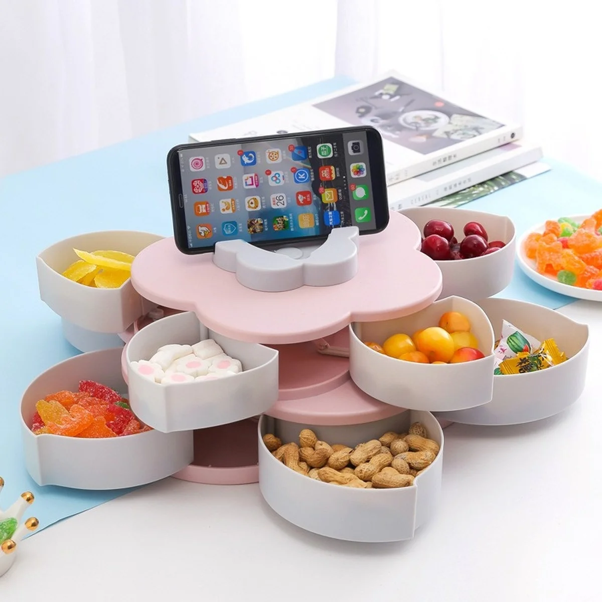 Meierjing Petal Rotating Double Fruit Plate Multi-Grid Easy Storage Pink