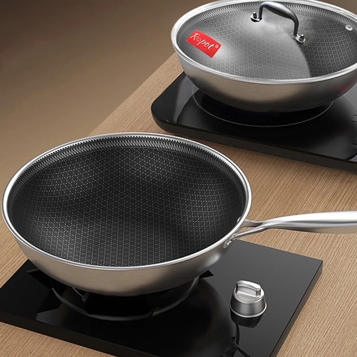 Ropot Woks stainless steel honeycomb pattern wok, steamer, three-piece lid, light oil and less smoke, universal for gas induction cooker, 32cm (12.6 inches)