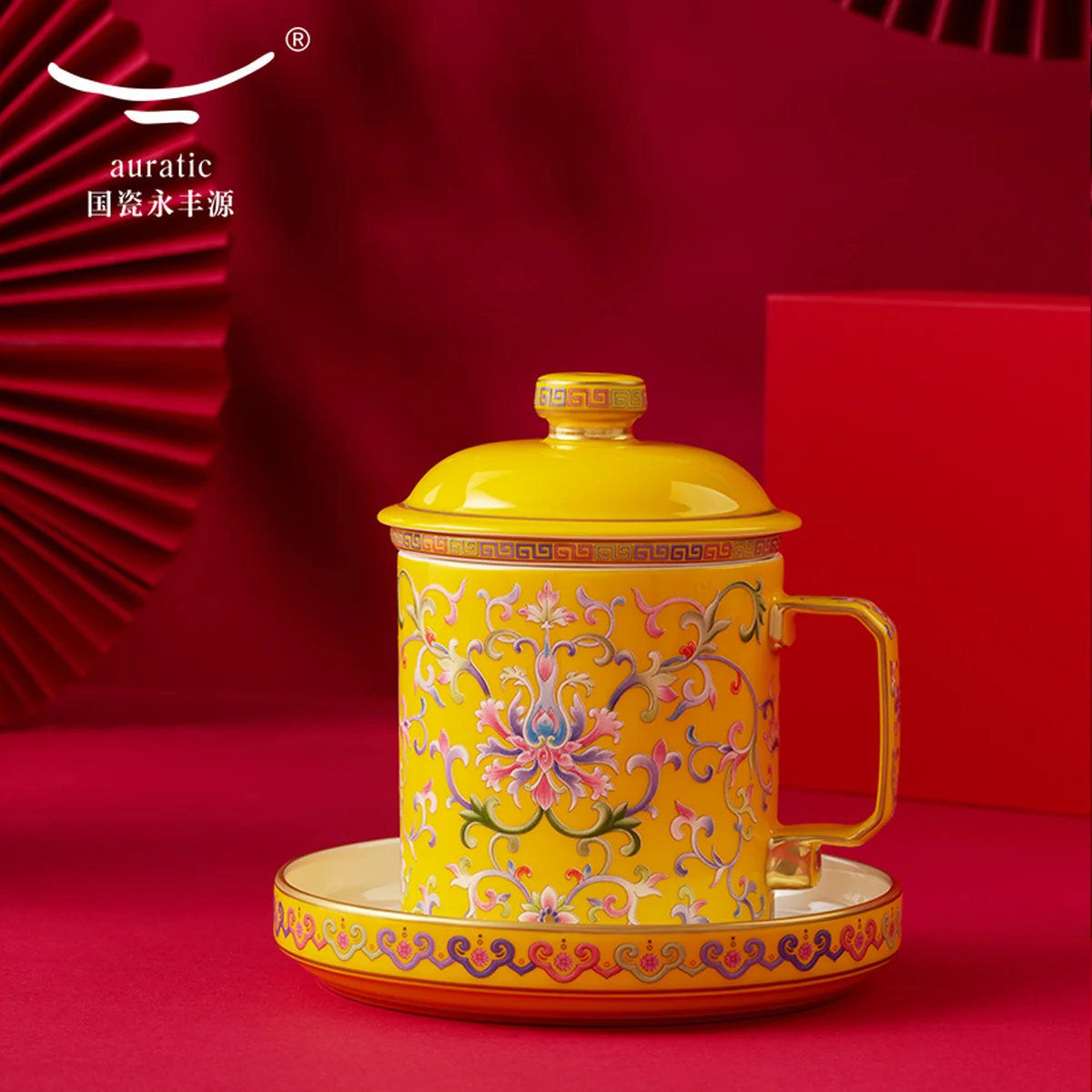 [China Direct Shipping, 5-7 days] Auratic China Porcelain Yongfengyuan Imperial Yellow New Court Porcelain 4 Piece Covered Cup Tea Cafe Cup (460ml)