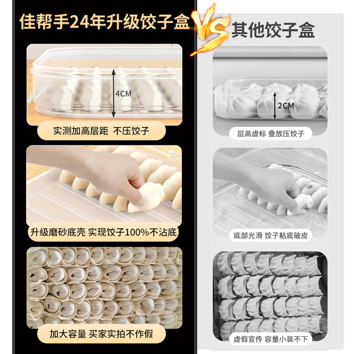 【China direct mail, aging 10-15 days】JBS multi-function dumpling box storage box refrigerator fresh-keeping food grade frozen dumplings Wonton box fresh-keeping box -2 layers, 1 cover