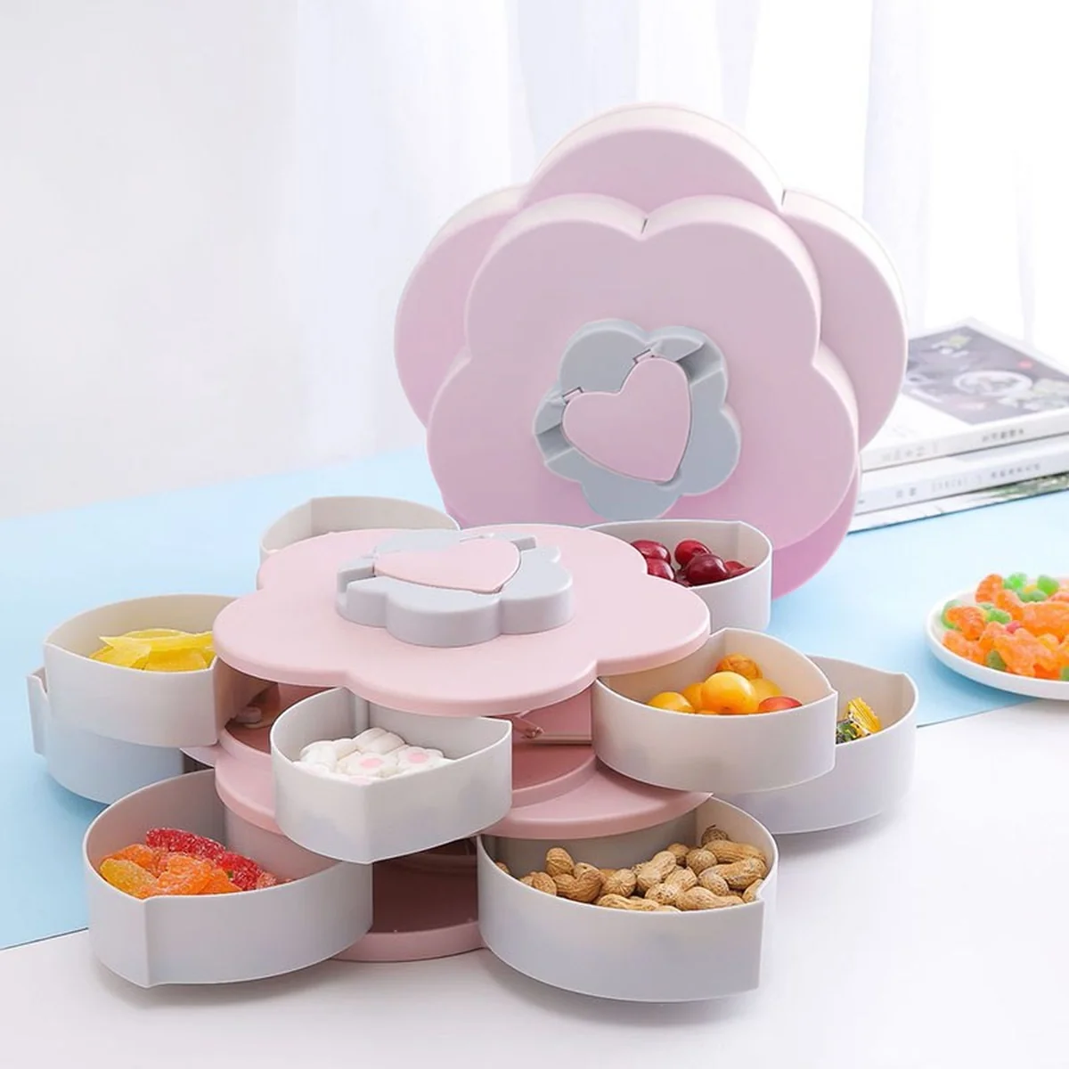 Meierjing Petal Rotating Double Fruit Plate Multi-Grid Easy Storage Pink