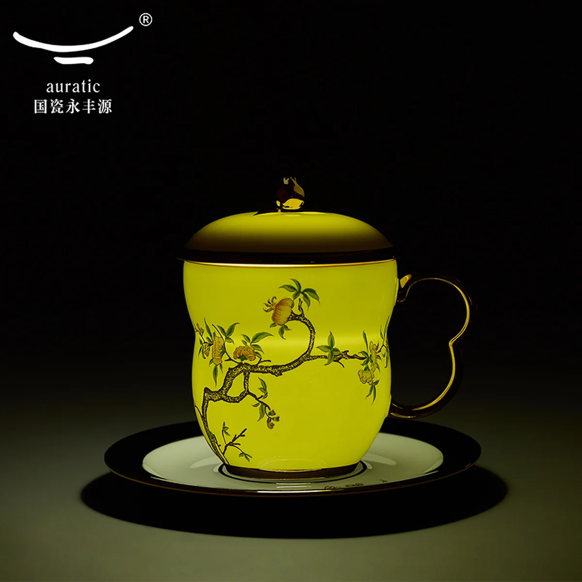 【China Direct Shipping, 10-15 days】Auratic China Porcelain Yongfeng Yuan Lady Porcelain Pomegranate Home 3 Piece Lidded Cup Set(240ml) Black